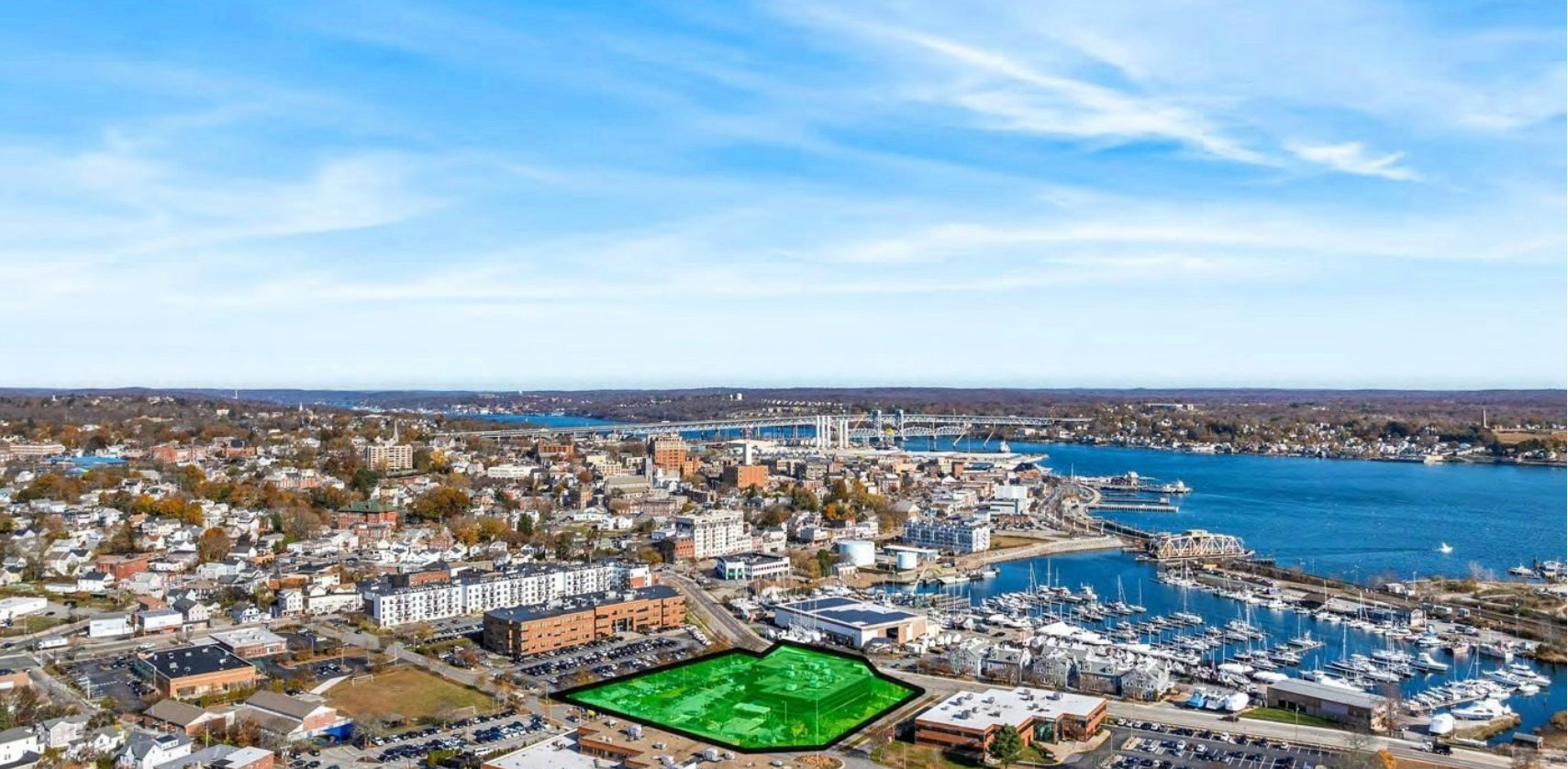 Aerial view of New London, Connecticut waterfront near 5 Shaw's Cove